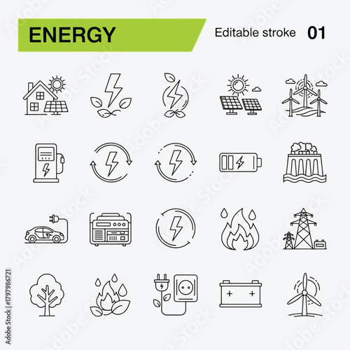 Energy icon set thin line vector illustration for renewable power and sustainable resources isolated