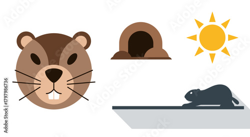 Groundhog's day illustrations depict rodent, burrow and sunshine with minimalist design perfect