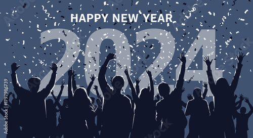 Energetic celebration for the year 2024 with joyous crowd and confetti shower