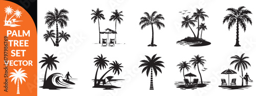 Black palm tree set vector illustration isolated on white background silhouette art black white stock illustration logo icon png. tropical, beach, landscape, pattern, paradise, coconut background  set