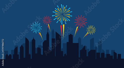 Vibrant Celebration: Fireworks Display over a Modern Cityscape Silhouette during twilight