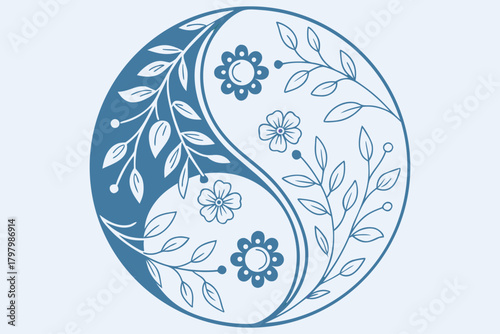 Yin yang symbol with flowers and leaves vector illustration