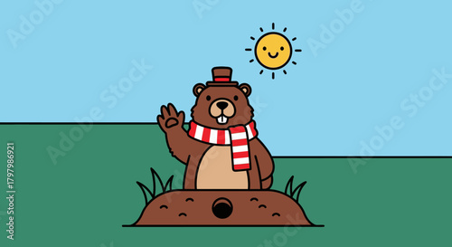 Groundhog Day vector illustration with cute marmot, sun, and burrow welcoming spring