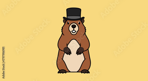 Whimsical groundhog wearing a top hat illustration against a yellow backdrop