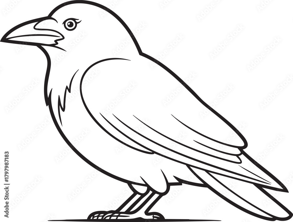 Naklejka premium A black and white line art illustration of a crow standing on a thin horizontal line, likely a branch or ground.