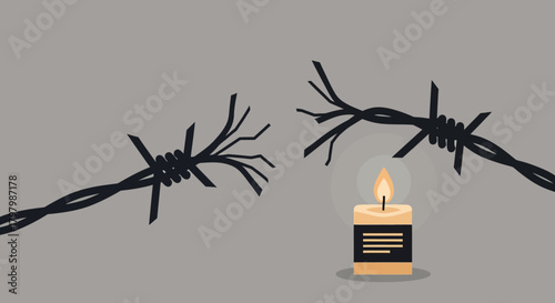 Symbolic depiction of resilience with a candle illuminating broken barbed wire metaphor