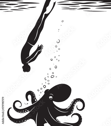 A silhouetted diver descends towards a large octopus with swirling tentacles in a minimalist underwater illustration with bubbles.