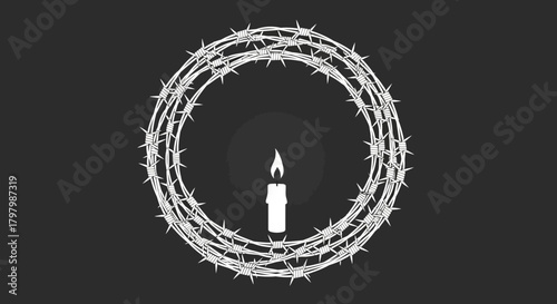 Barbed Wire Wreath Surrounding a Single Candle Flame against a Deep Grey Backdrop