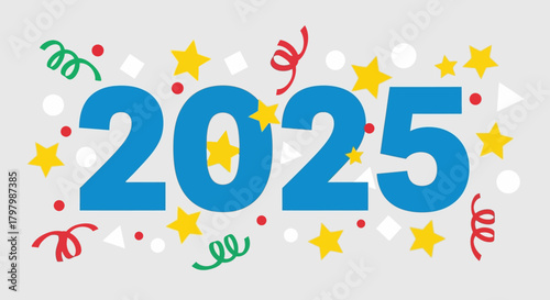 Vibrant illustration of the year 2025 with festive confetti and star accents for celebration designs