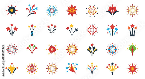 Illustrative celebration bursts: a collection of diverse festive firework icons