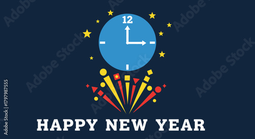 Vibrant new year celebration graphic illustration with countdown clock and celebratory sparklers