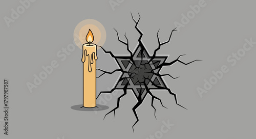 A lone candle illuminates a cracked Star of David, symbolizing resilience in adversity