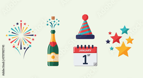Festive new year celebration elements flat vector design for celebratory moments party atmosphere