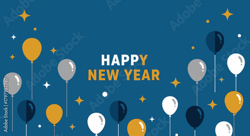 Festive new year celebration background with colorful balloons and sparkling stars illustration