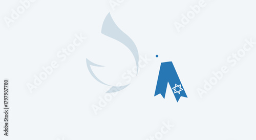 Minimalistic graphic representation of a blue jewish ribbon and aleph symbol on white backdrop
