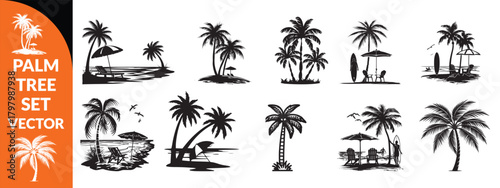 Black palm tree set vector illustration isolated on white background silhouette art black white stock illustration logo icon png. tropical, beach, landscape, pattern, paradise, coconut background  set