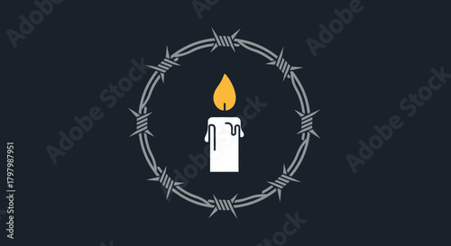 Symbolic representation of remembrance and mourning framed by barbed wire circle