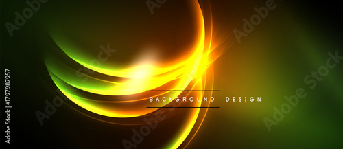 Bright neon curves radiate from central point. Dark background emphasizes glowing lines, creating dynamic visual effect. Modern design element.