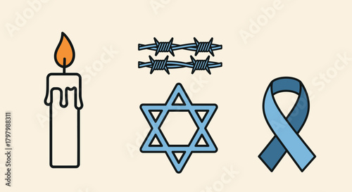 Visual symbols of remembrance candle star of david barbed wire and ribbon illustration