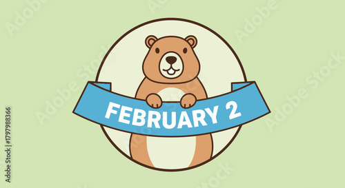 Groundhog Day illustration featuring cute cartoon groundhog with banner proclaiming February 2