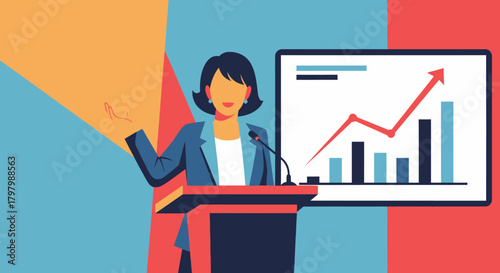 Businesswoman at podium giving presentation on upward economic trend chart