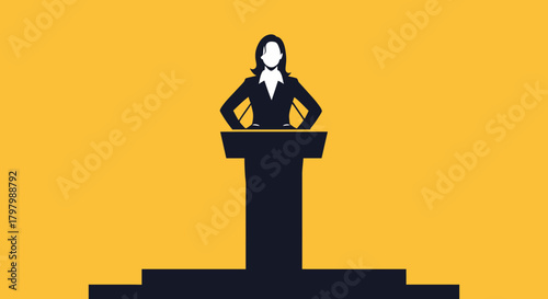 Empowered female speaker delivering presentation at podium in front of background