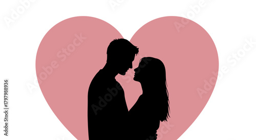 Silhouette of a loving couple embracing within a heart-shaped symbol of affection and romance