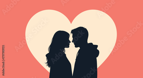 Silhouette of romantic couple embracing against soft heart backdrop symbolizing affection