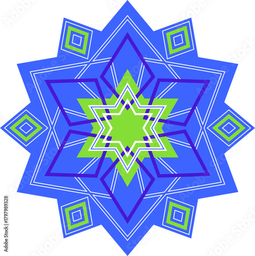 Blue green geometrical mandala on white background. Fantasy round ornament of lines and rectangles. Polygonal unusual star. Design element with christmas mood.