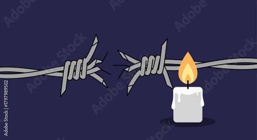 Symbolic imagery depicting broken barbed wire and candle representing freedom hope