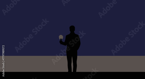 Mysterious silhouette figure holding a glowing sphere in the twilight, invoking wonder and intrigue