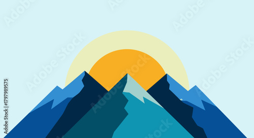 Photos Minimalist mountain landscape graphic with rising sun illustration for digital a