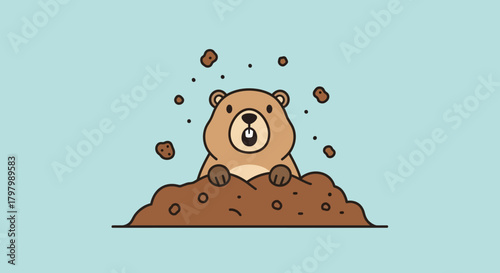 Delightful cartoon groundhog illustration emerging from its burrow in spring