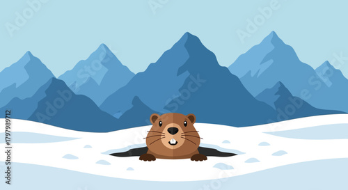 Groundhog Day Illustration: A cute groundhog emerging from its burrow against a mountainous winter
