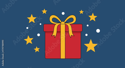 Whimsical red gift box with golden ribbon surrounded by radiant stars on blue backdrop