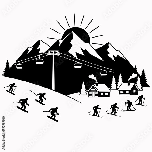 mountain ski resort silhouette .ski day on the slopes 