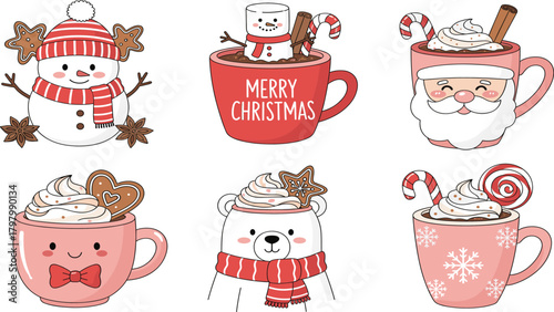 Cute Christmas Hot Drinks Vector Set, Cozy Mug with Snowman, Santa, and Polar Bear Illustrations.
