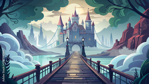 Very beautiful foggy bridge with elegant Victorian architecture, leading toward a distant castle softly veiled in mist, creating a mysterious and atmospheric fantasy landscape.