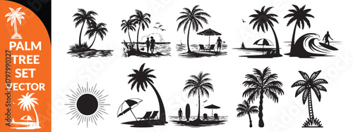 Black palm tree set vector illustration isolated on white background silhouette art black white stock illustration logo icon png. tropical, beach, landscape, pattern, paradise, coconut background  set