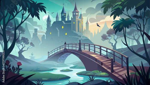 Very beautiful foggy bridge with elegant Victorian architecture, leading toward a distant castle softly veiled in mist, creating a mysterious and atmospheric fantasy landscape.