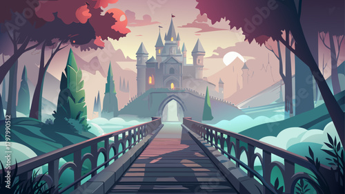 Very beautiful foggy bridge with elegant Victorian architecture, leading toward a distant castle softly veiled in mist, creating a mysterious and atmospheric fantasy landscape.
