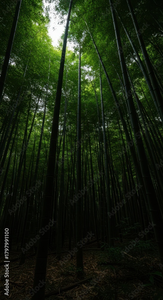 Obraz premium Dense jungle thicket of giant bamboo stalks reaching high into the tropical canopy. Lush green foliage and deep shadows ,pattern ,bamboo ,segmented