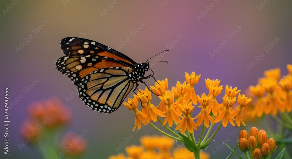Obraz premium Vibrant monarch rests on bright orange milkweed flowers against a multicolored blurred natural backdrop ,garden ,vibrant ,beauty