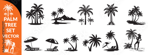 Black palm tree set vector illustration isolated on white background silhouette art black white stock illustration logo icon png. tropical, beach, landscape, pattern, paradise, coconut background  set