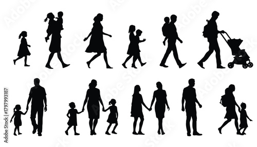 Family and children silhouette set