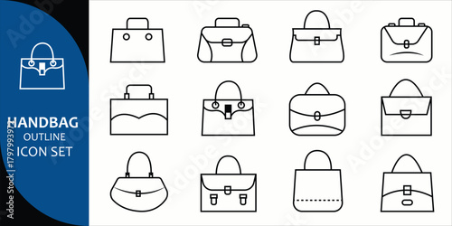 A minimal handbag outline icon set featuring various purse, bag, and fashion accessory designs. Perfect for logo design, UI icons, packaging, branding, and fashion projects. Clean line art style.