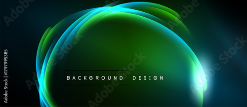 Abstract neon layers create luminous oval shape. Dark background emphasizes vibrant green, blue hues. Modern design element.