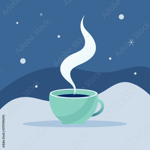 Cozy cup of hot beverage steaming in a snowy winter landscape