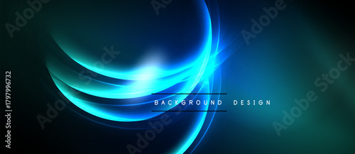 Abstract blue light curves radiate from central point. Dark background creates dramatic visual effect. Modern design element.