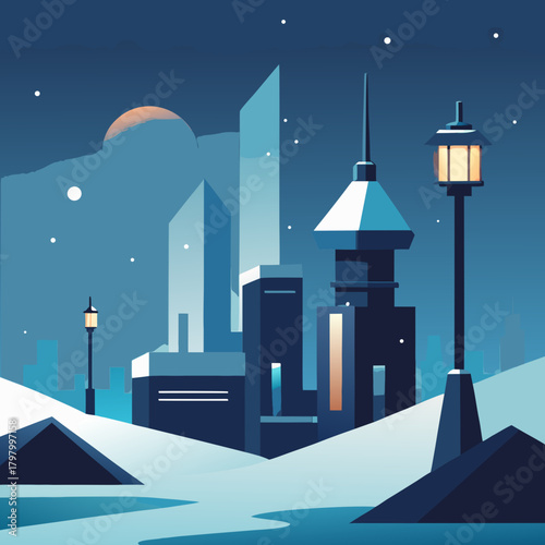 Stylized winter cityscape with snowfall and moonlit sky